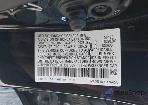 2020 Honda Civic Sport from USA, damaged, VIN 2HGFC2F81LH587305